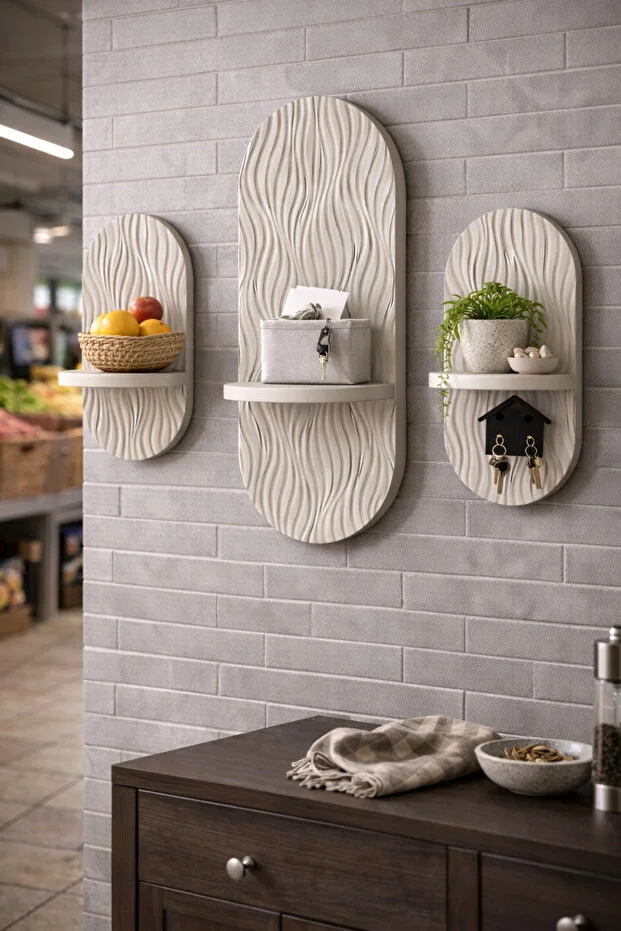 SATEN KUMSAL -3' LÜ TAKIM Dekoratif Membran Duvar Rafı (75X25cm)(40 CMX25 CM)